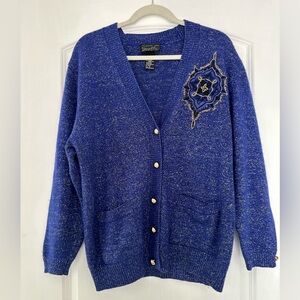Vintage Glam Suzelle Royal Blue Cardigan with Metallic Gold Embroidery, M